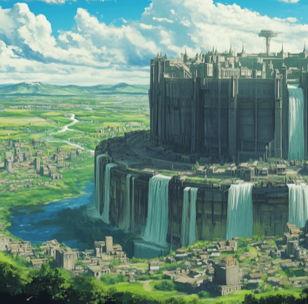 A fantasy city built above cascading waterfalls